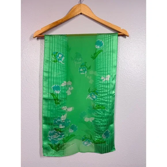 Vera Neumann Scarf Women Green Vintage Floral Silk Blend Verasheer 13x43" - Picture 1 of 5